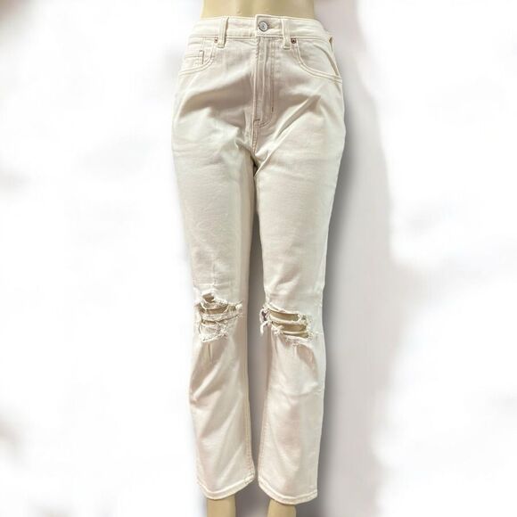 High Rise White Stretch Denim Straight Leg Jeans NEW - Picture 1 of 5